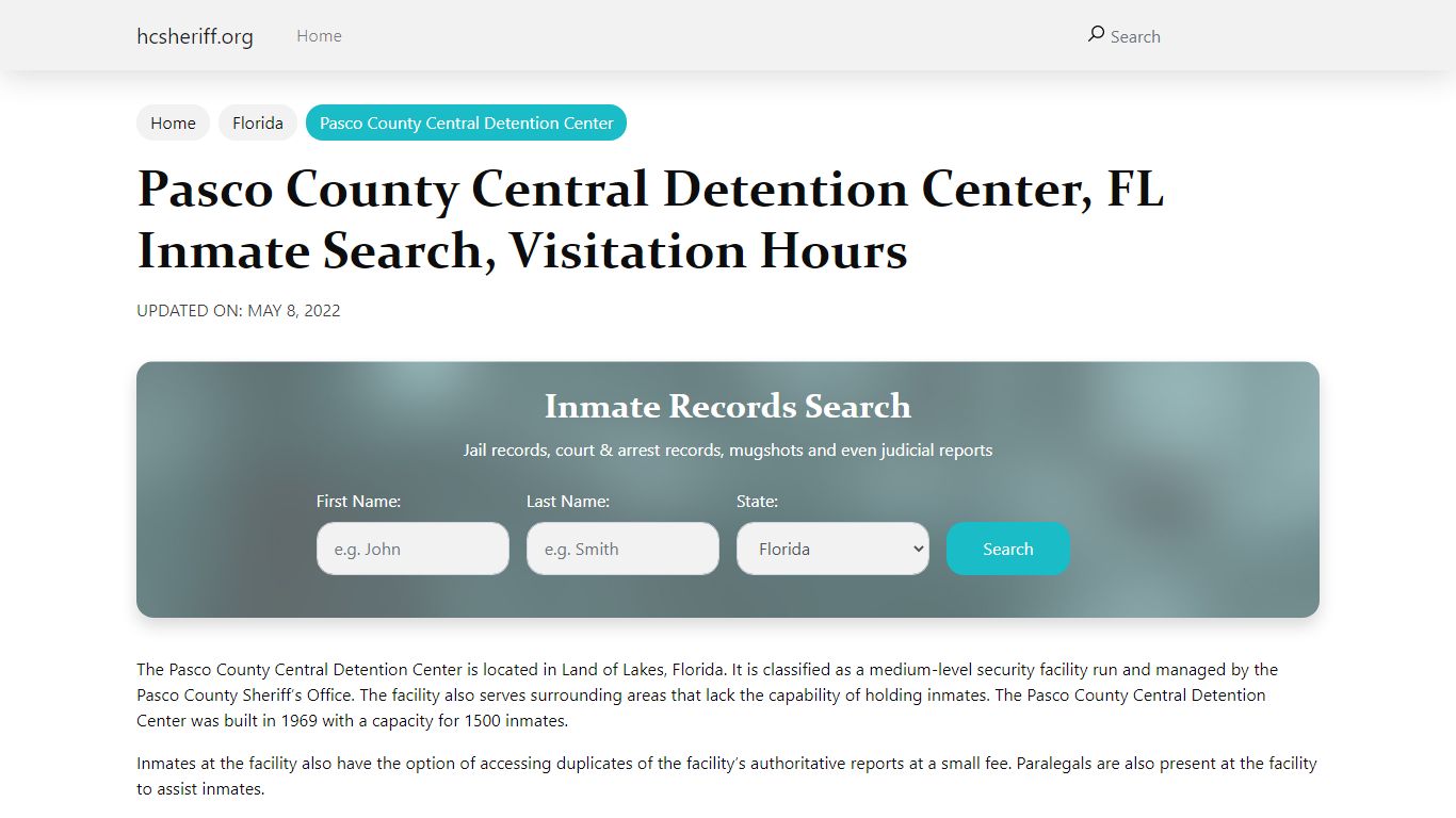 Pasco County Central Detention Center, FL Inmate Search ...
